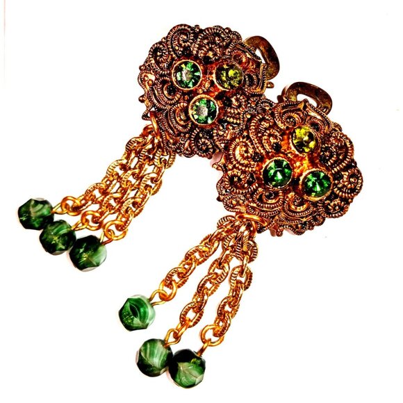 Vintage Filigree and Rhinestone Dangle Earrings W. Germany - Picture 2 of 4